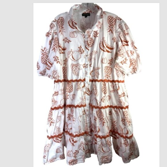 Meadow Rhodes Maxi Dress white XL red Hawaiian Tropical pineapple burnt orange - Picture 1 of 14